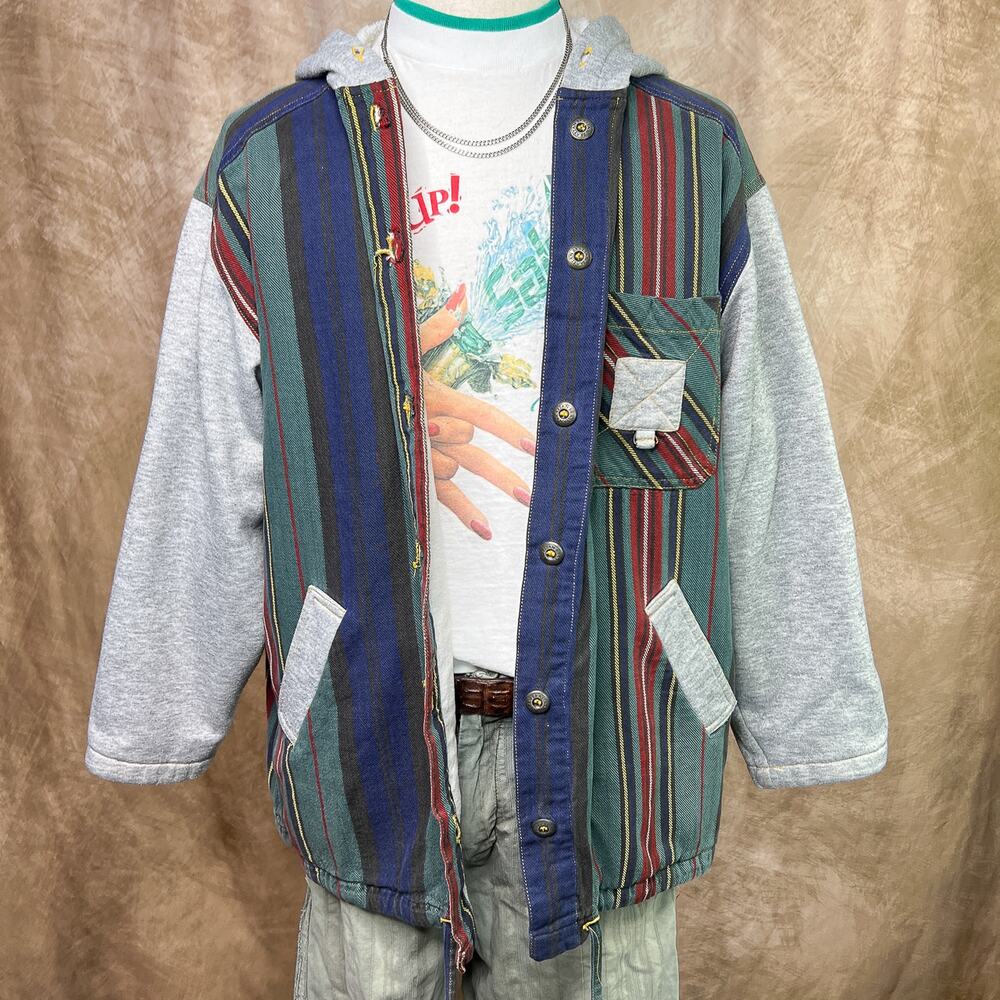 Vintage Patchwork Hoodie Jacket Plaid Striped Denim Button Up Skater 90s Indie